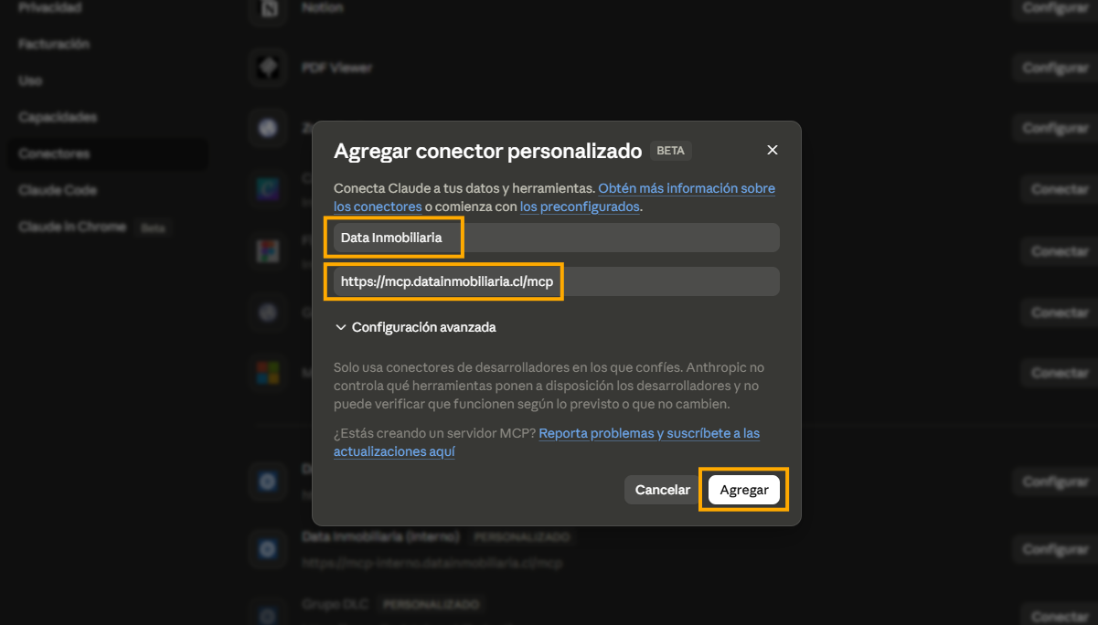 Pantalla para agregar el conector en Claude